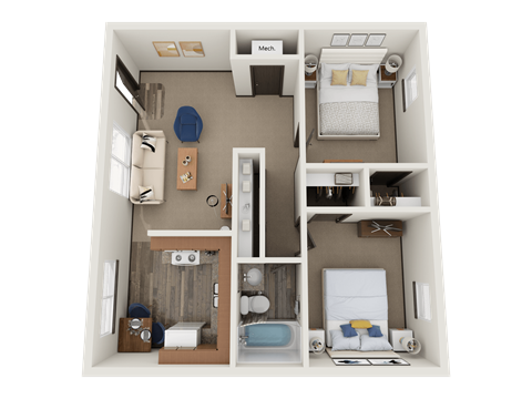 Floor plan for 2 beds, 1 bath, 800 sqft